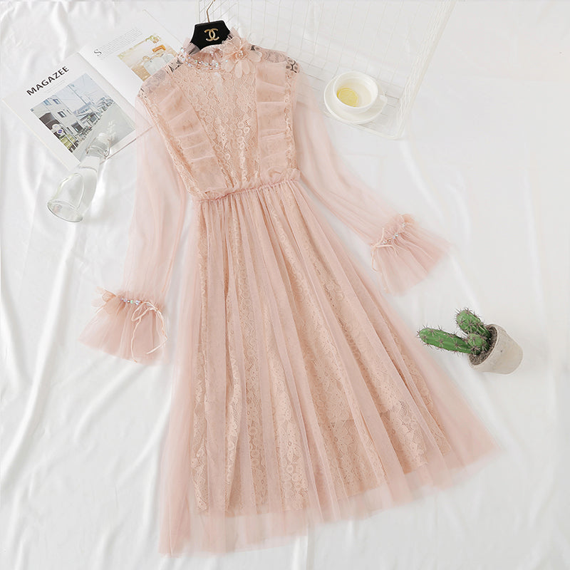Heavy industry three-dimensional flower lace dress minority French style  4325