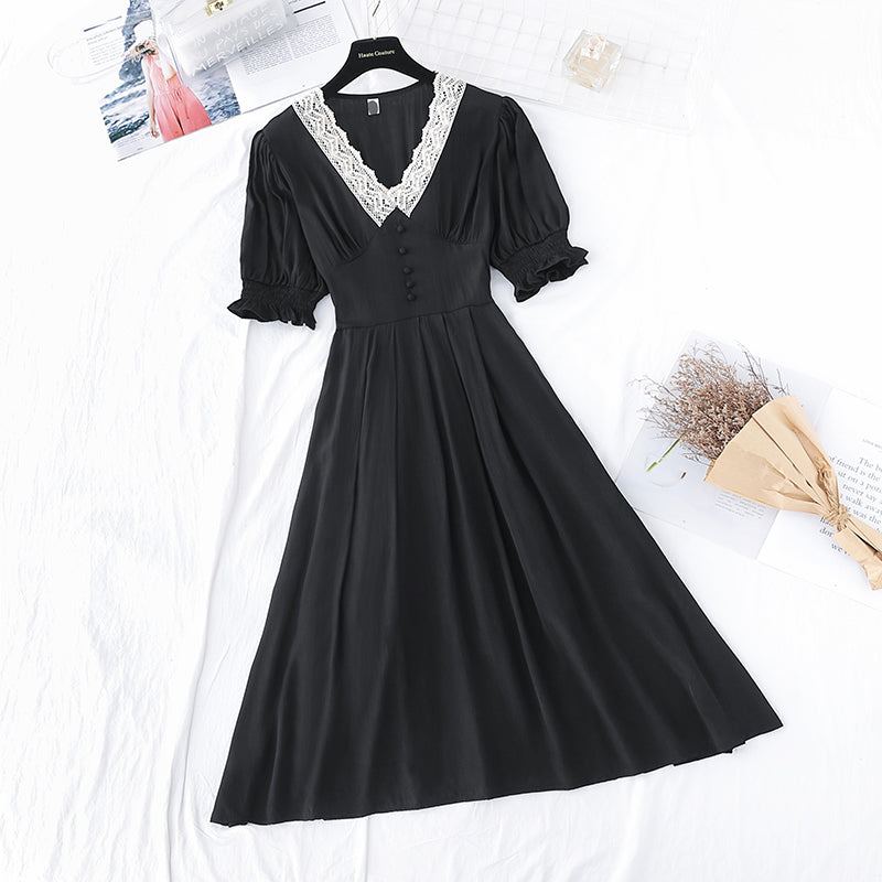 Super fairy bubble sleeve gentle wind high waist thin temperament dress  4209