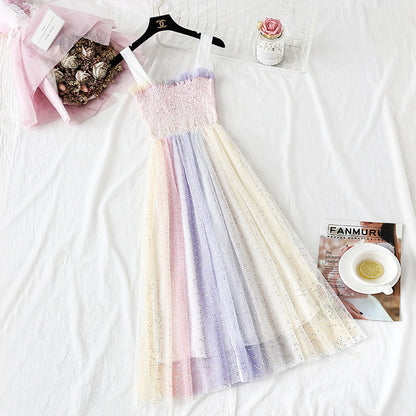 Rainbow seven color suspender dress  4299
