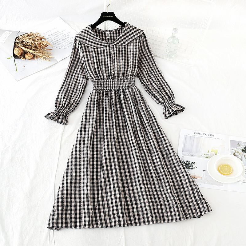 French retro Plaid Platycodon skirt shows thin temperament at the waist  4219