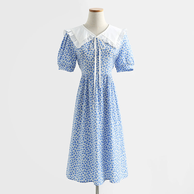 French retro doll neck cotton linen Floral Dress  4290