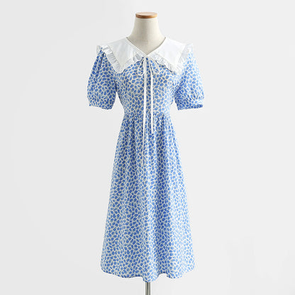French retro doll neck cotton linen Floral Dress  4290