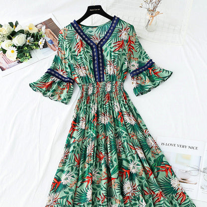 V-neck temperament slim waist long skirt seaside resort beach skirt  4257