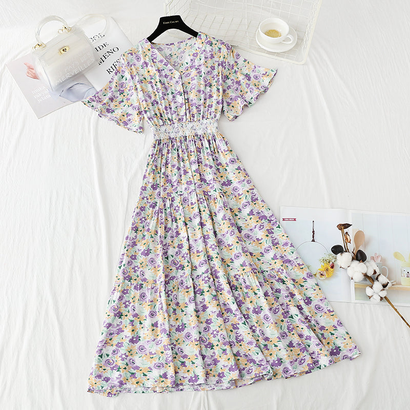New French gentle skirt V-neck floral waist slim skirt  4234