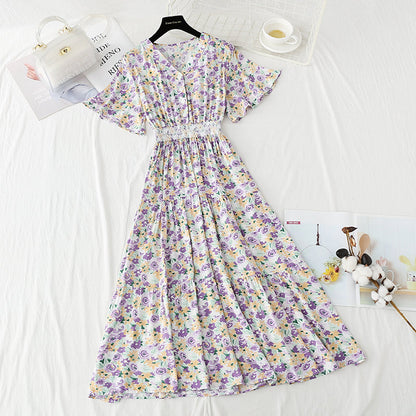 New French gentle skirt V-neck floral waist slim skirt  4234
