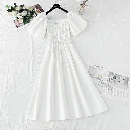 New French square neck off shoulder bubble sleeve cotton linen dress  4255
