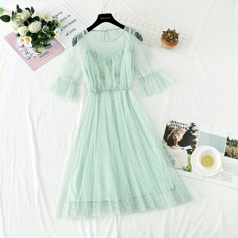 Flower Rhinestone bead mesh dress  4407