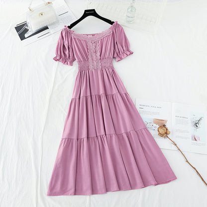Bubble sleeve cotton linen dress lace edge French retro long skirt  4179