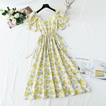 French bubble sleeves open waist, retro, gentle waist, slim skirt  4264