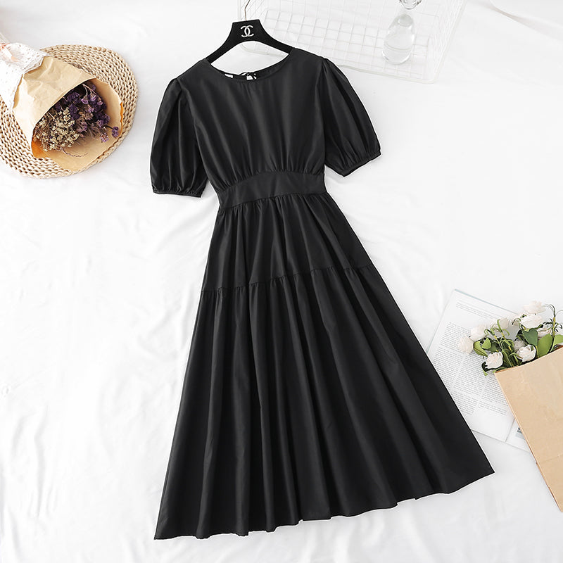 Narrow waist, bubble sleeves, French minority first love long skirt  4152