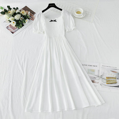 French retro dress square neck bubble sleeve lace edge  4271