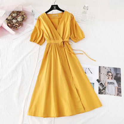 Lace up waist for thin temperament French retro bubble sleeve long skirt  4146