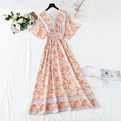 Cotton linen dress French retro V-neck national style  4258