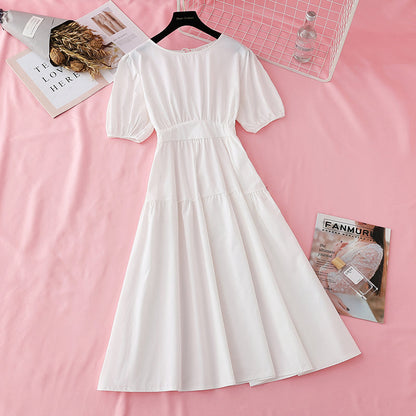 Narrow waist, bubble sleeves, French minority first love long skirt  4152