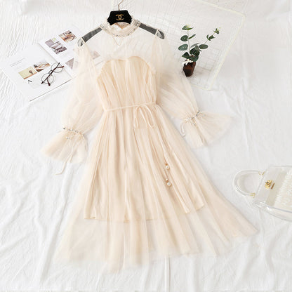 Mesh dress with Beaded long sleeve lace  4307