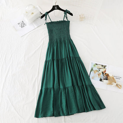 Cotton hemp suspender dress retro long skirt with slim waist  4113
