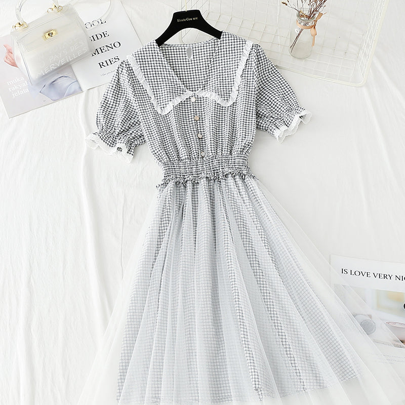 Cotton linen dress new small fresh lattice fairy skirt  4252