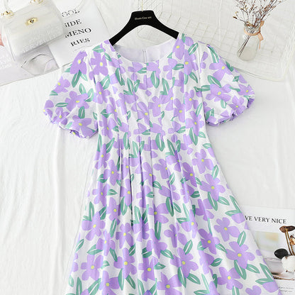 Bubble sleeve cotton linen dress gentle wind broken flowers  4248