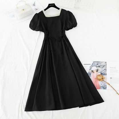 New French retro square neck first love waist slim fairy skirt  4226