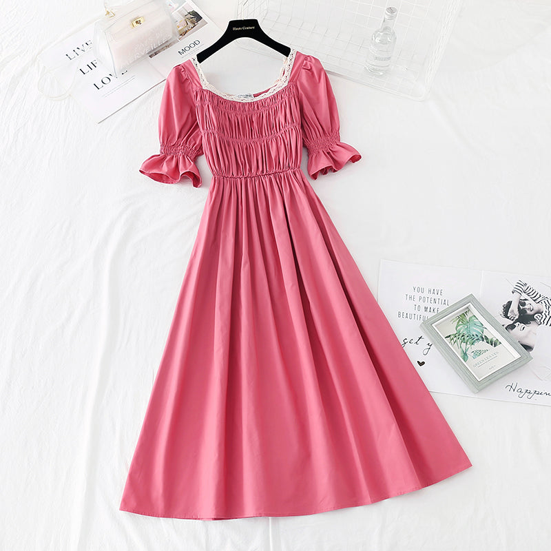 Close waist to show thin temperament square neck skirt French retro long skirt  4149