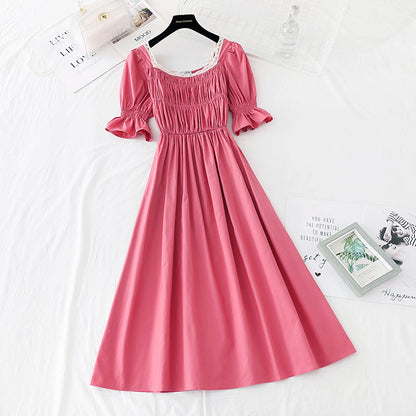 Close waist to show thin temperament square neck skirt French retro long skirt  4149