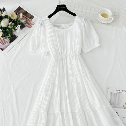 French square neck cotton linen dress  4275