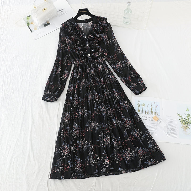 New Vintage high waist thin broken flower pleated fairy Chiffon Skirt  4540