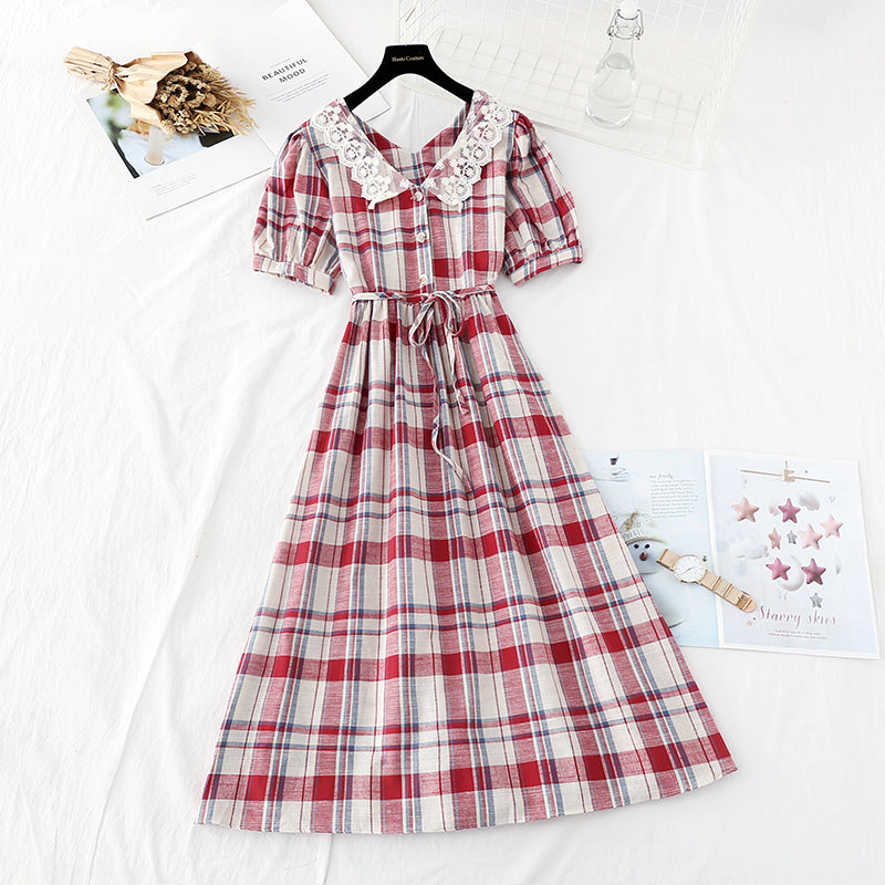 Lace doll collar sweet Plaid Cotton Linen Skirt fairy super fairy series  4154