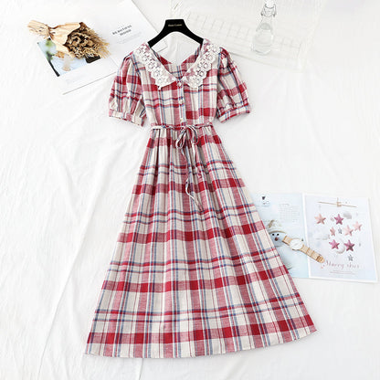 Lace doll collar sweet Plaid Cotton Linen Skirt fairy super fairy series  4154