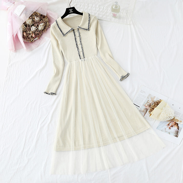 New mesh stitching small fragrance fairy slim bottom skirt  4300