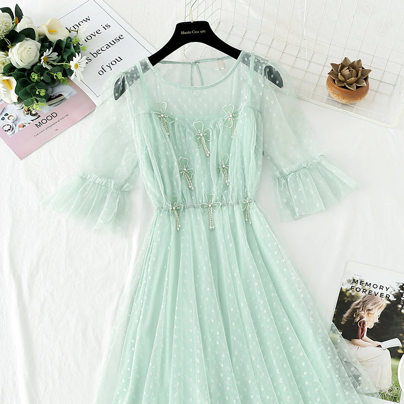 Flower Rhinestone bead mesh dress  4407