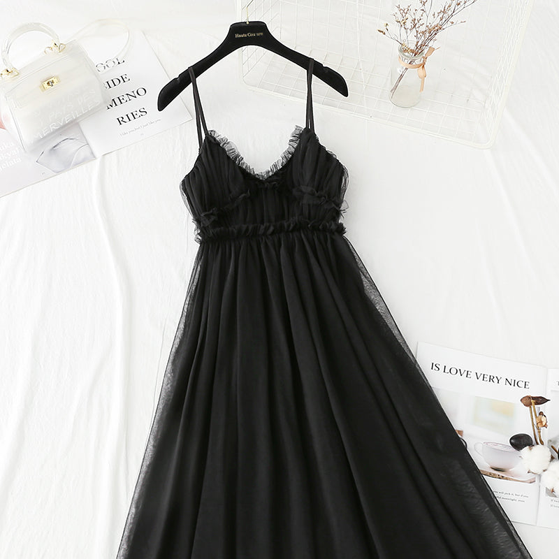 Sweet mesh dress temperament small black skirt with waist closed  4128