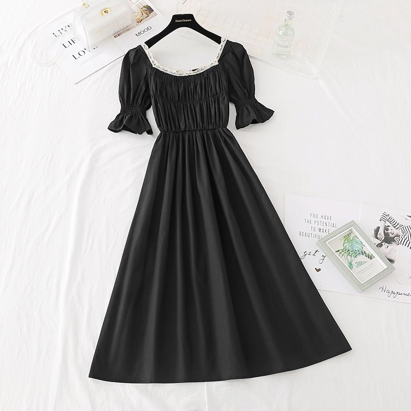 Close waist to show thin temperament square neck skirt French retro long skirt  4149