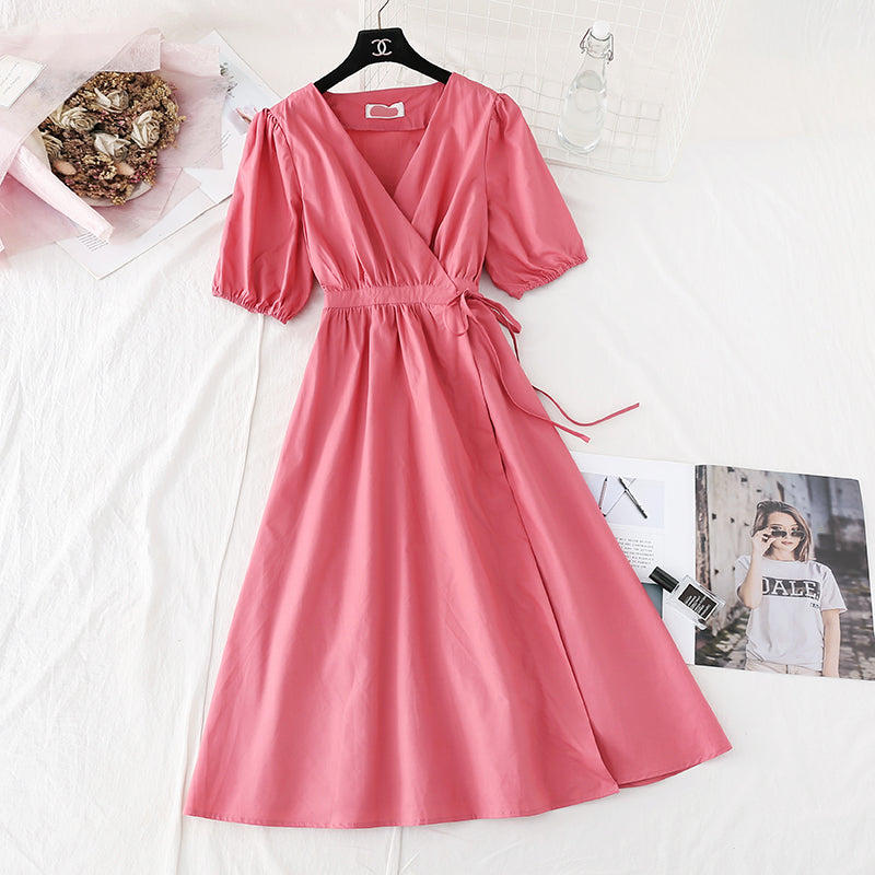 Lace up waist for thin temperament French retro bubble sleeve long skirt  4146