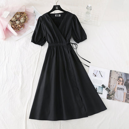 Lace up waist for thin temperament French retro bubble sleeve long skirt  4146