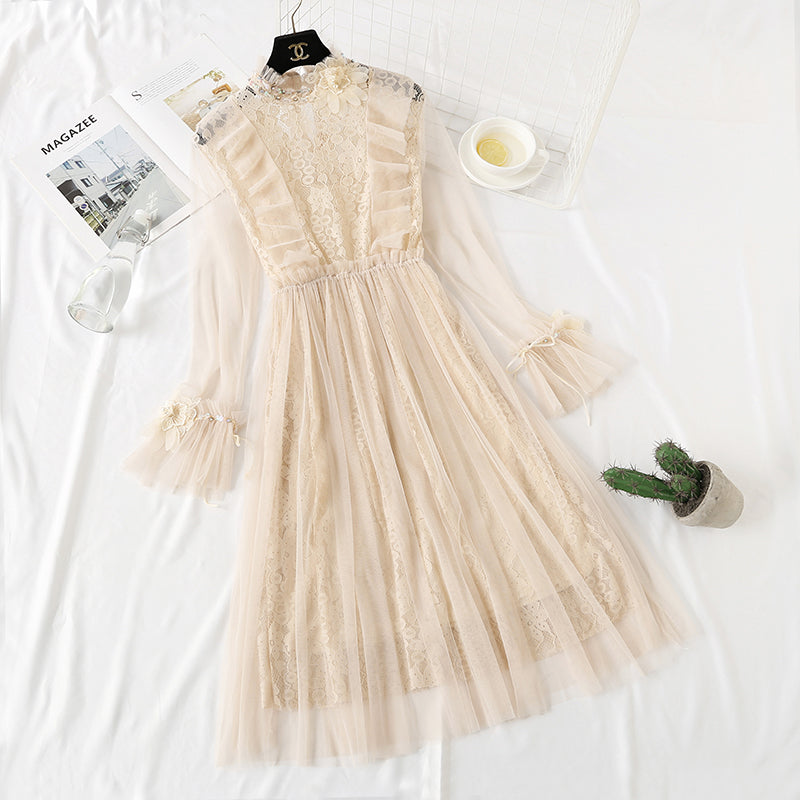 Heavy industry three-dimensional flower lace dress minority French style  4325