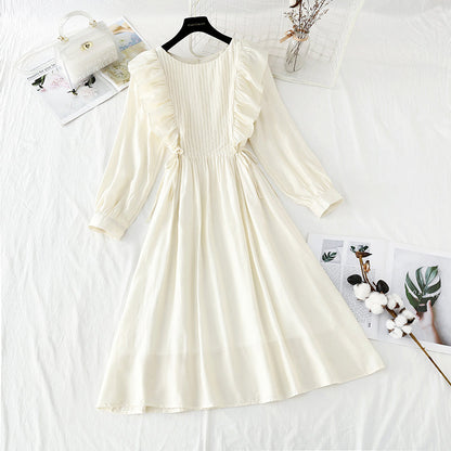 Long sleeved white dress French simple temperament  4225