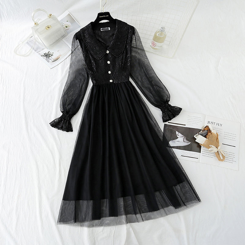 Sequin lace dress doll neck French gauze Fairy Dress  4433