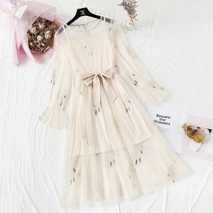 Embroidered mesh dress national minority Platycodon skirt French retro skirt  4305