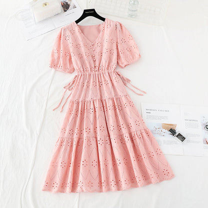 Hook embroidery French retro waist closing long skirt with thin temperament  4221
