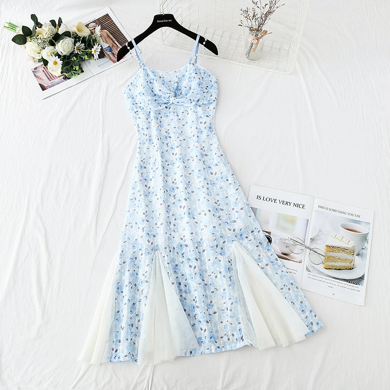 Design sense niche purple fishtail skirt Chiffon floral suspender dress  4124