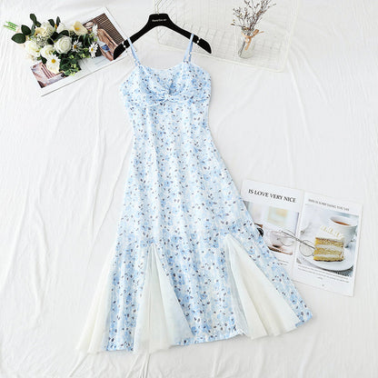 Design sense niche purple fishtail skirt Chiffon floral suspender dress  4124