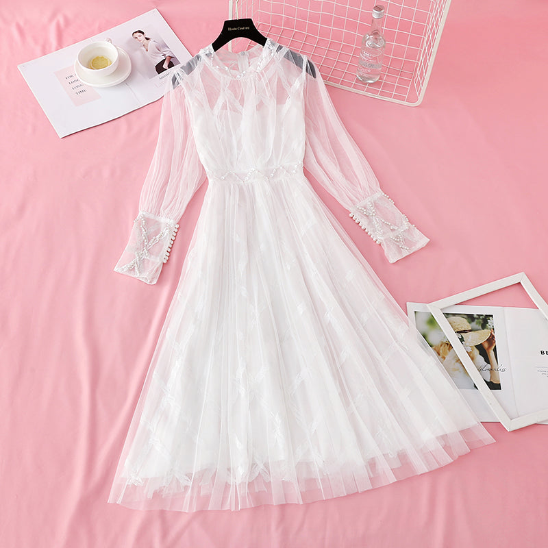 Slim waist, sweet pearl Sequin gauze Fairy Dress  3901