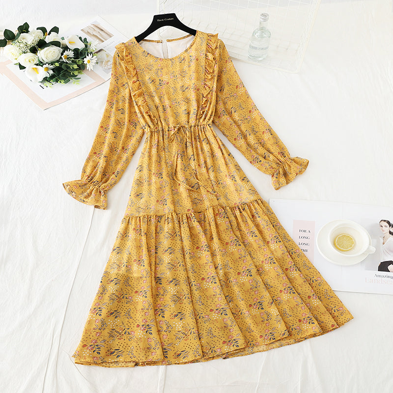 Chiffon waistband slim round neck fungus super xiansen floral skirt  3932
