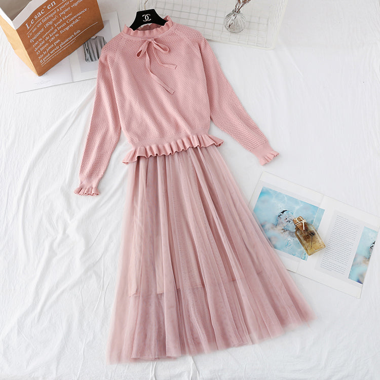 Flounced suspender mesh knitted dress  3946