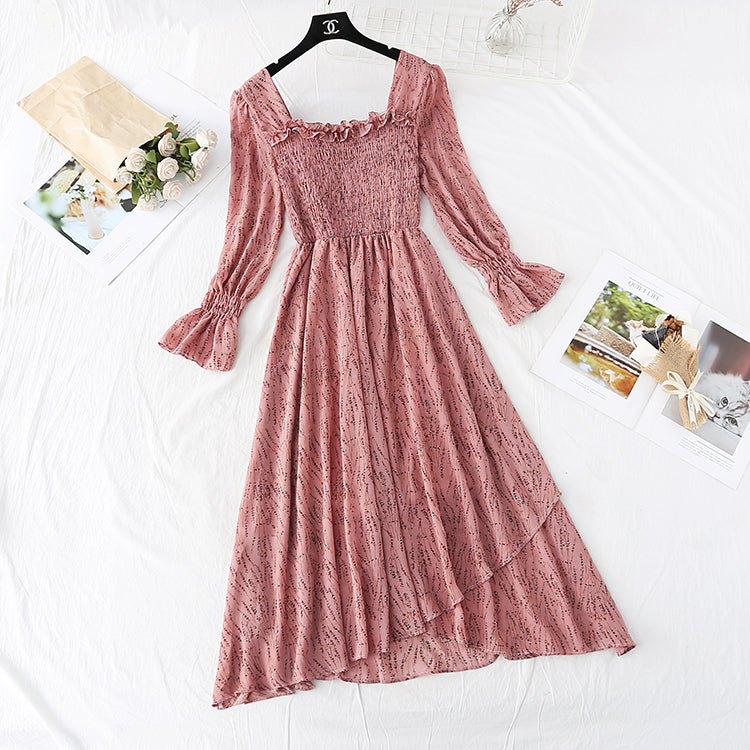 French retro square collar with slim waist and floral long skirt  4022