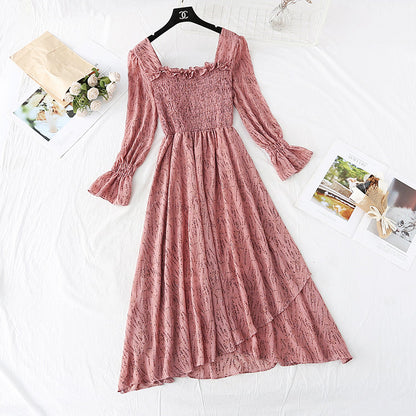 French retro square collar with slim waist and floral long skirt  4022