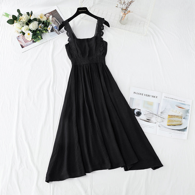 Cotton linen dress French retro gentle suspender dress  4263