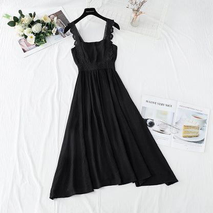 Cotton linen dress French retro gentle suspender dress  4263