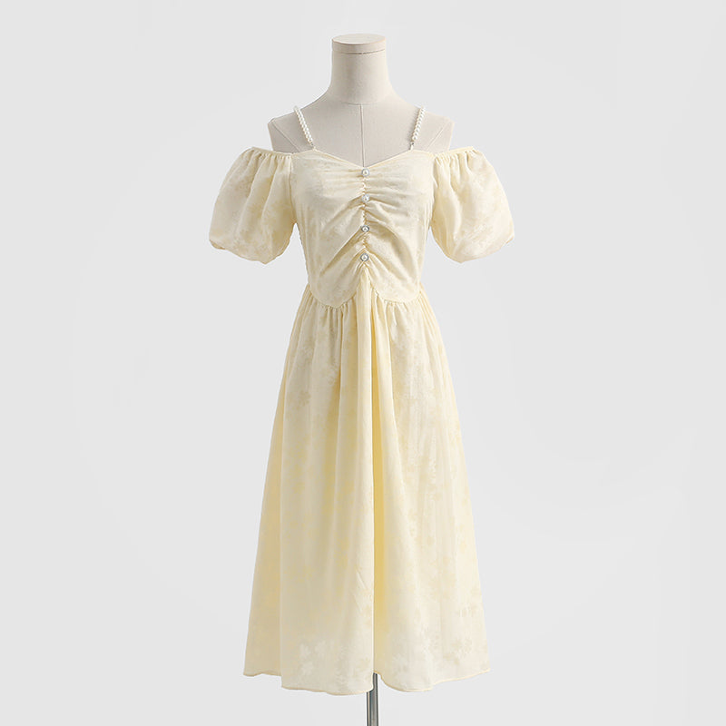 French off shoulder suspender cotton linen dress  4293
